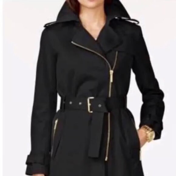 MICHAEL KORS~BLACK TRENCH COAT Asymmetrical Zip Military Style Jacket  SZ Medium - Picture 2 of 7